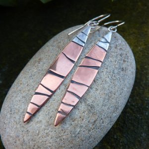 Copper and Silver Long Leaf Earrings