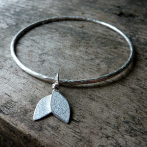 Silver Handmade Bangle with Silver Leaf Charm