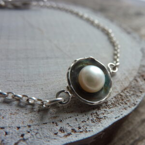 Handmade Silver Acorn Cup Bracelet with White Freshwater Pearl.