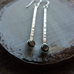 Long Silver Contemporary Dangle Earrings with Black Spinel