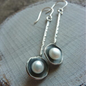 Handmade Silver Acorn Cup Earrings with Natural Pearl