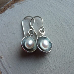 Handmade Silver Acorn Cup Dangle Earrings with Natural White Freshwater Pearl