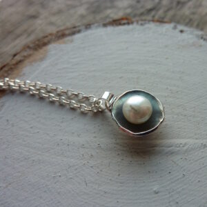 Handmade Silver Acorn Cup Necklace with White Freshwater Pearl.