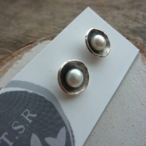 Handmade Silver Acorn Cup Post Earrings with Natural Pearl