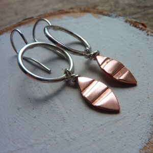 Silver Hoop Earrings with Copper Leaves