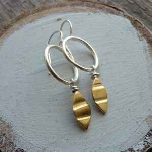 Silver Hoop Earrings with Brass Leaves