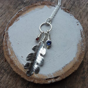 Handmade Silver, Blue Iolite and Red Garnet Oak Leaf Pendant