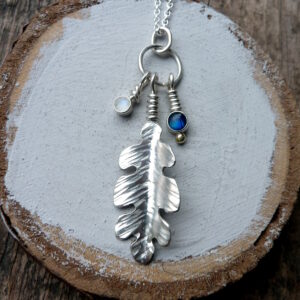 Handmade Silver, Moonstone and Blue Abalone Oak Leaf Pendant